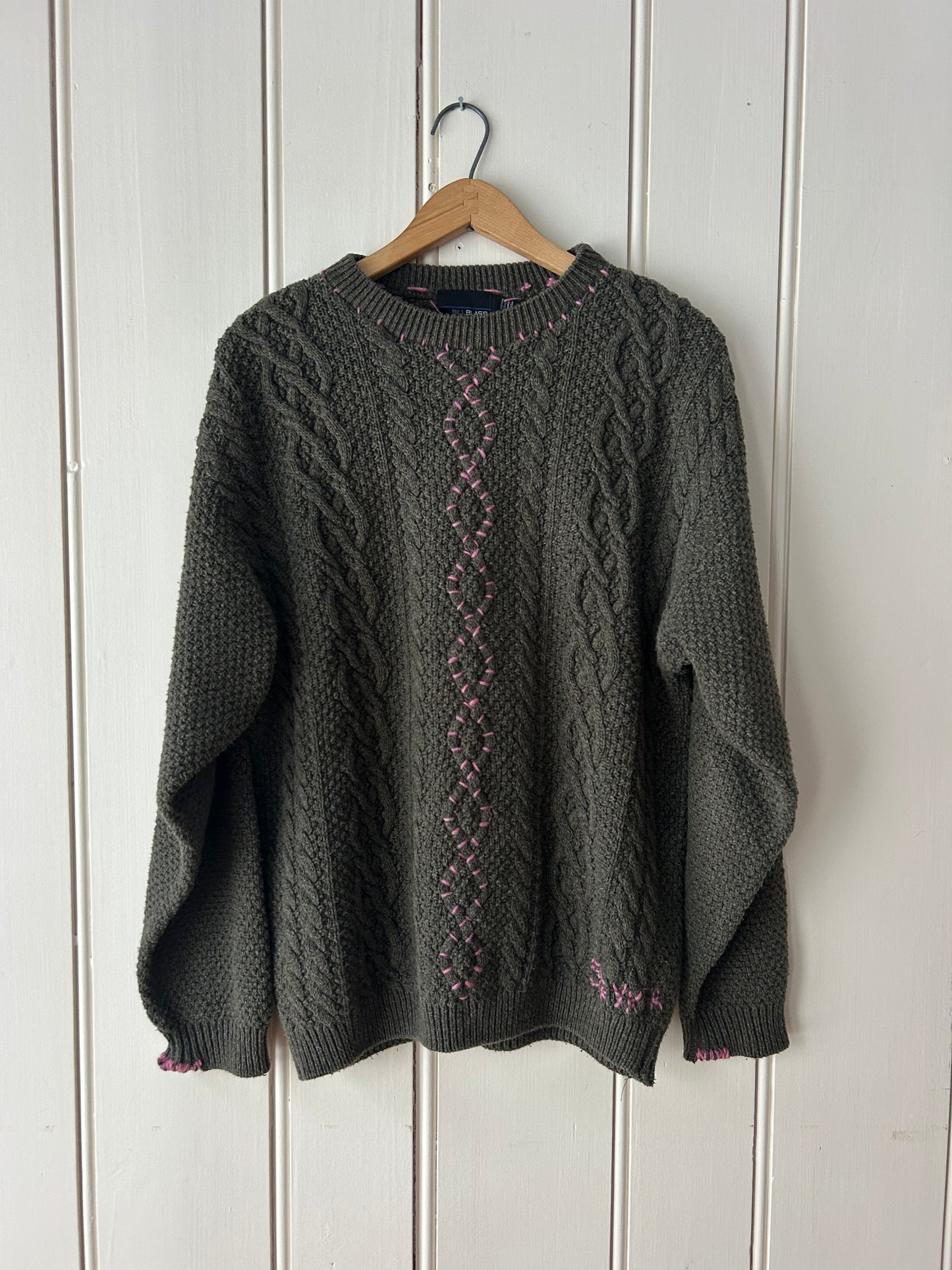 Pink Stitched Cotton Cableknit Crew Sweater, Large