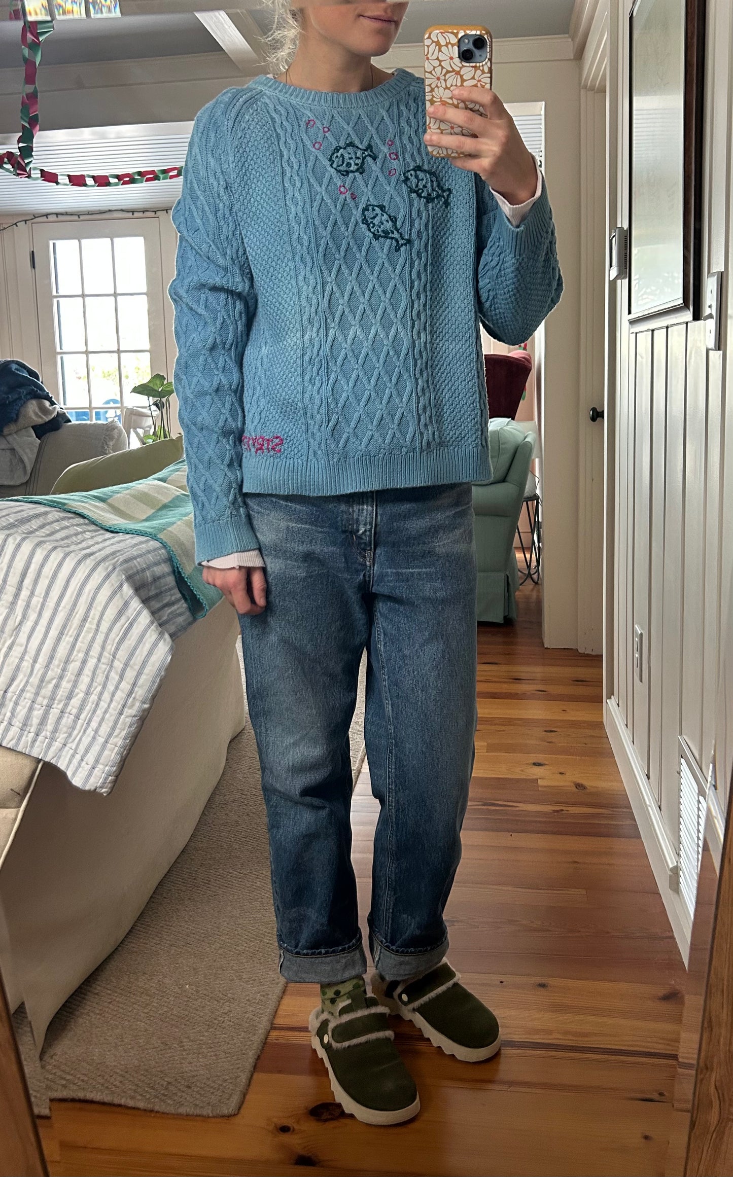 Indigo Dyed Cotton Cableneck Fish Sweater, Large