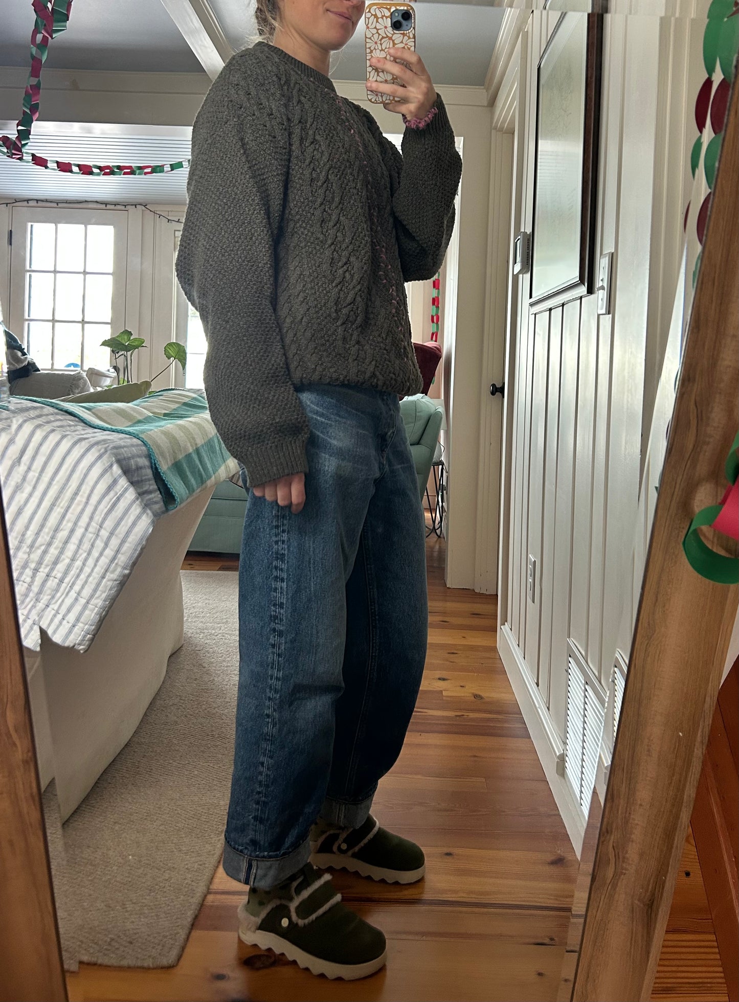 Pink Stitched Cotton Cableknit Crew Sweater, Large