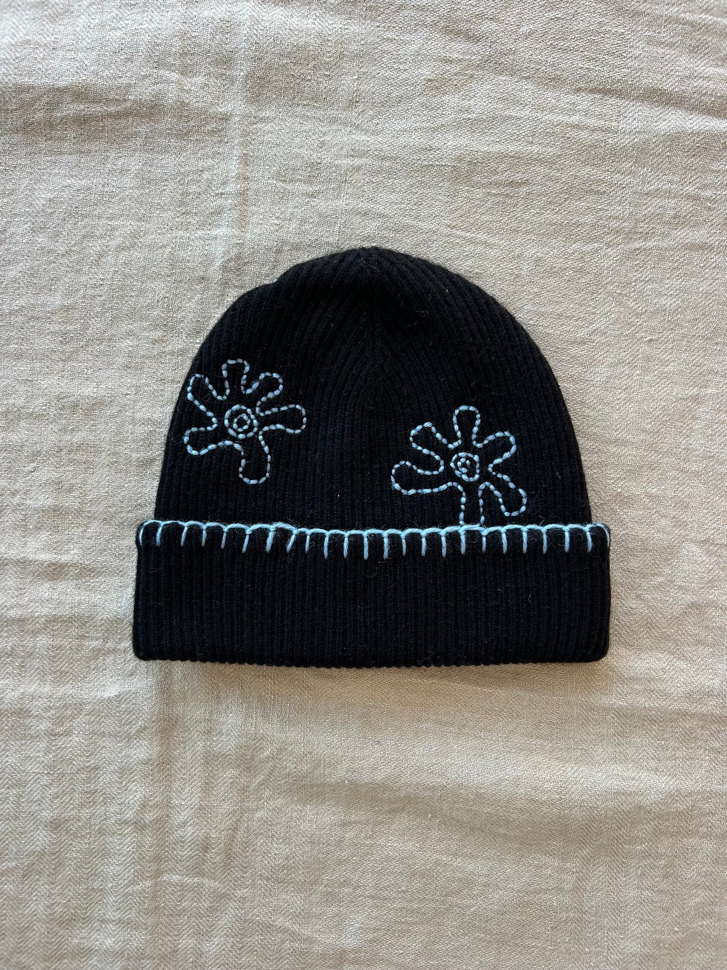 One-Of-A-Kind Flower Beanie, Black/Blue 1