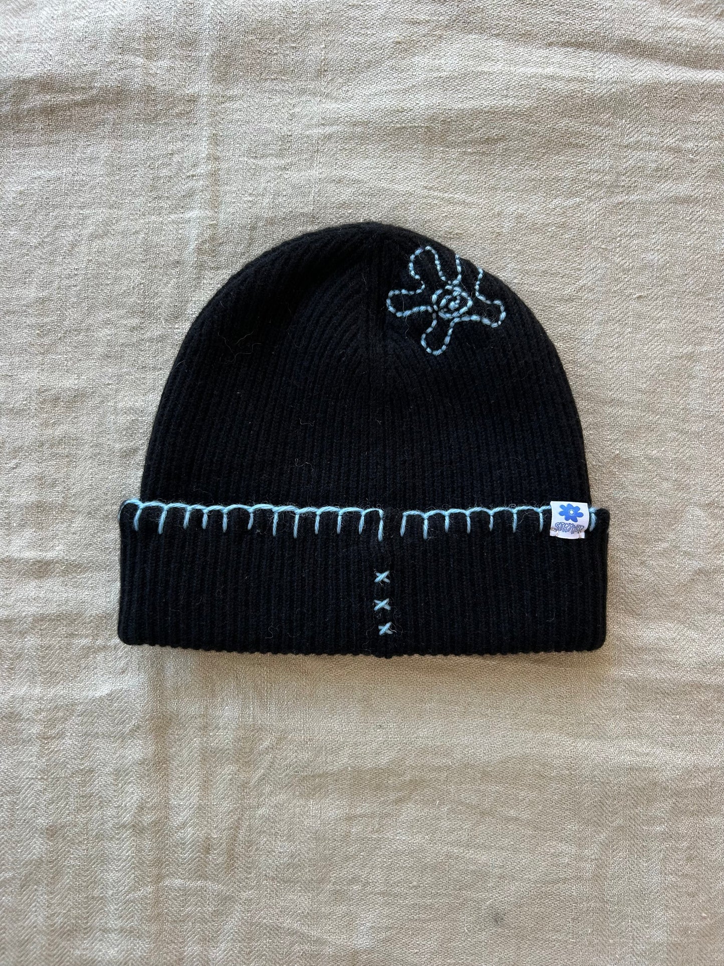 One-Of-A-Kind Flower Beanie, Black/Blue 1