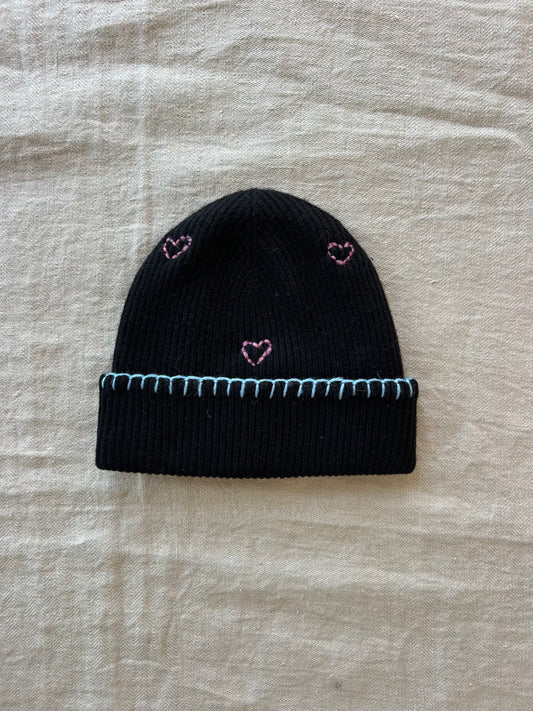 One-Of-A-Kind Heart Beanie, Black/Pink/Blue