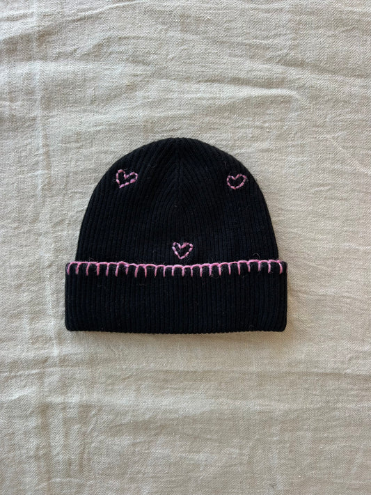 Wool + Cashmere Heart Beanie, Black/Pink