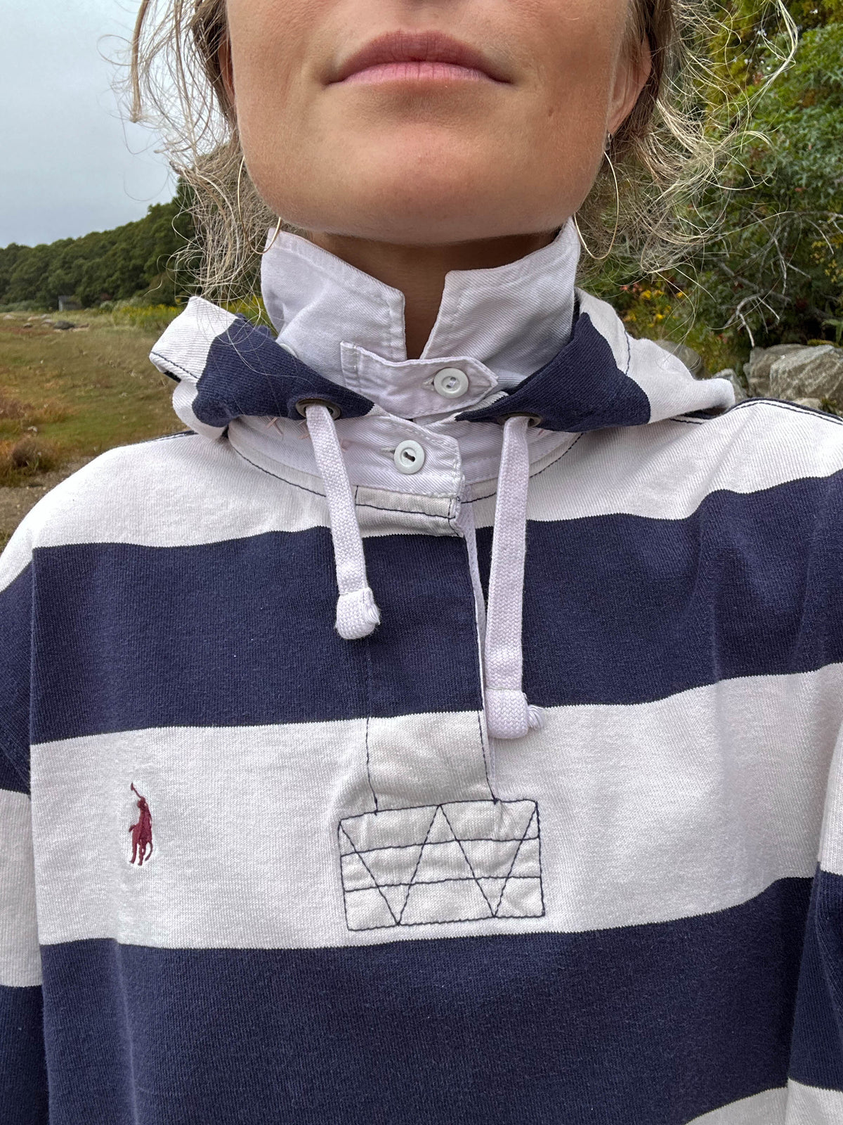 Upcycled Hooded Rugby Shirt, Blue + White, XL