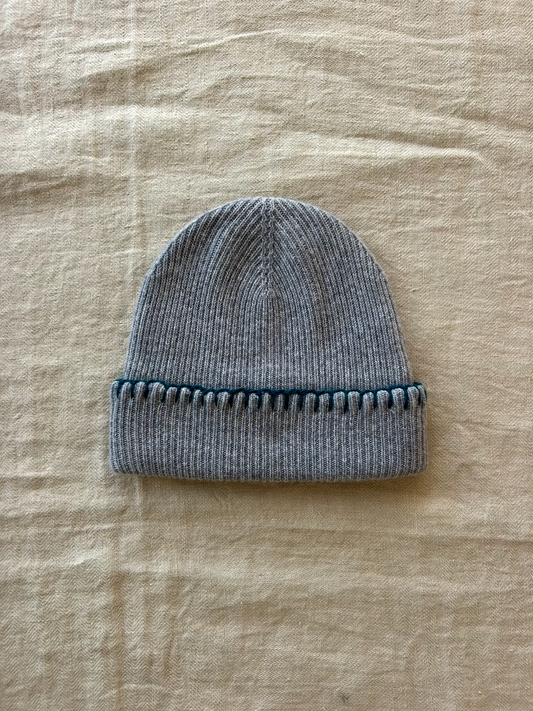 One-Of-A-Kind Grey/Teal Blanket Stitched Beanie