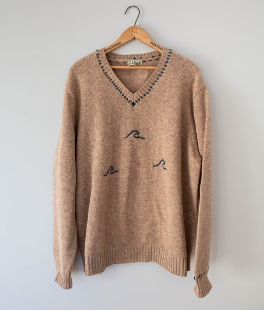Natural Wave V-Neck Wool Sweater, XL